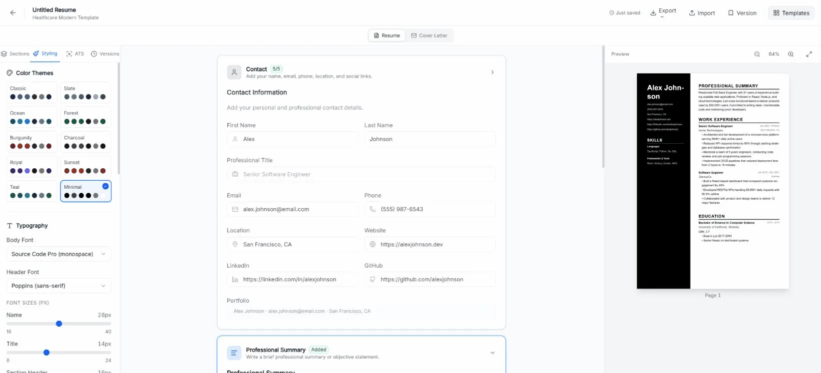 Resumello editor — sidebar, form fields, and live resume preview